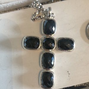 Faceted Black Stone Cross Pendant Necklace - Women Jewelry